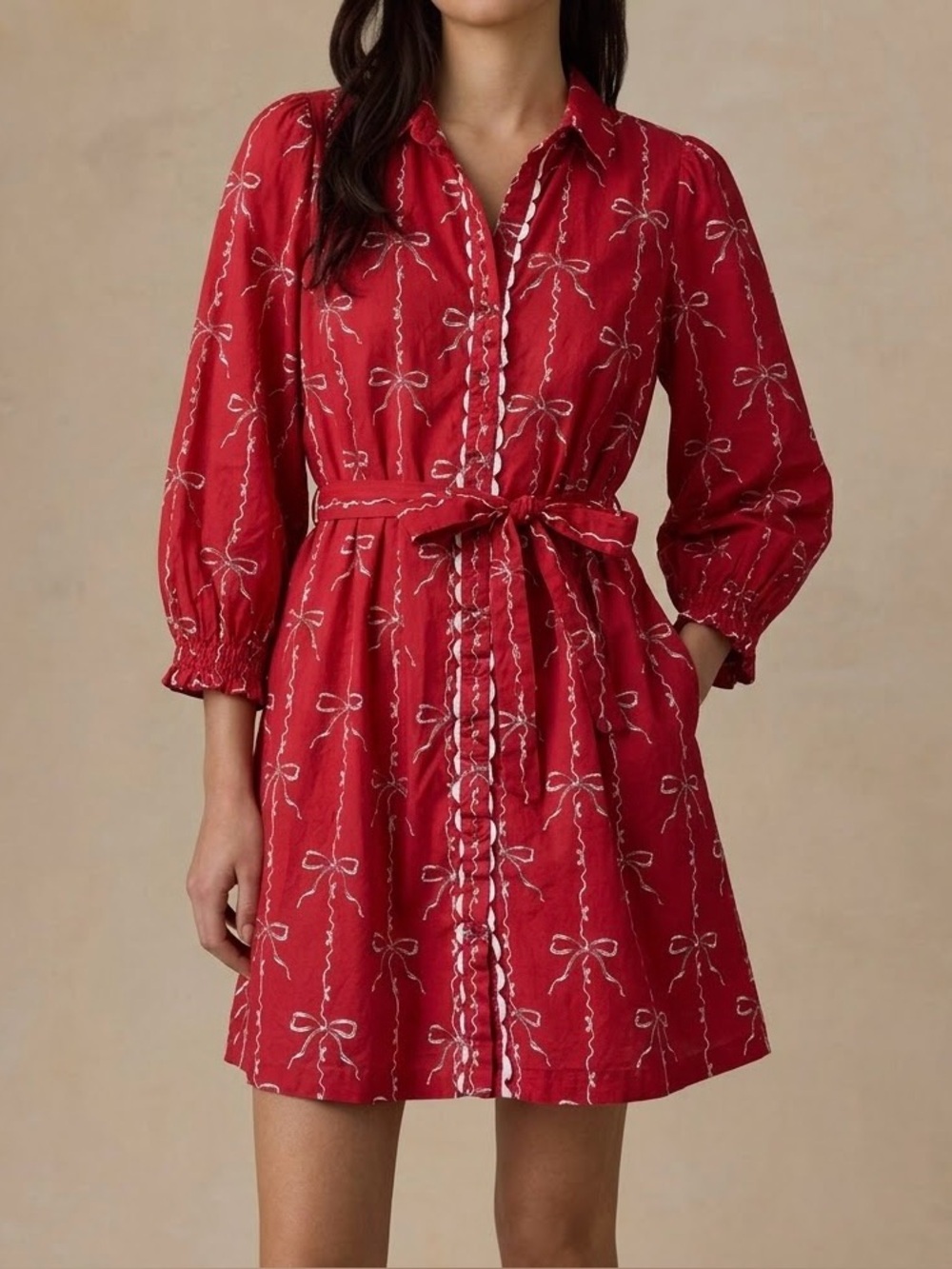 🎀 LÉA Red Bow Ribbon Print 100% Cotton Button Shirt Dress Belted Large L